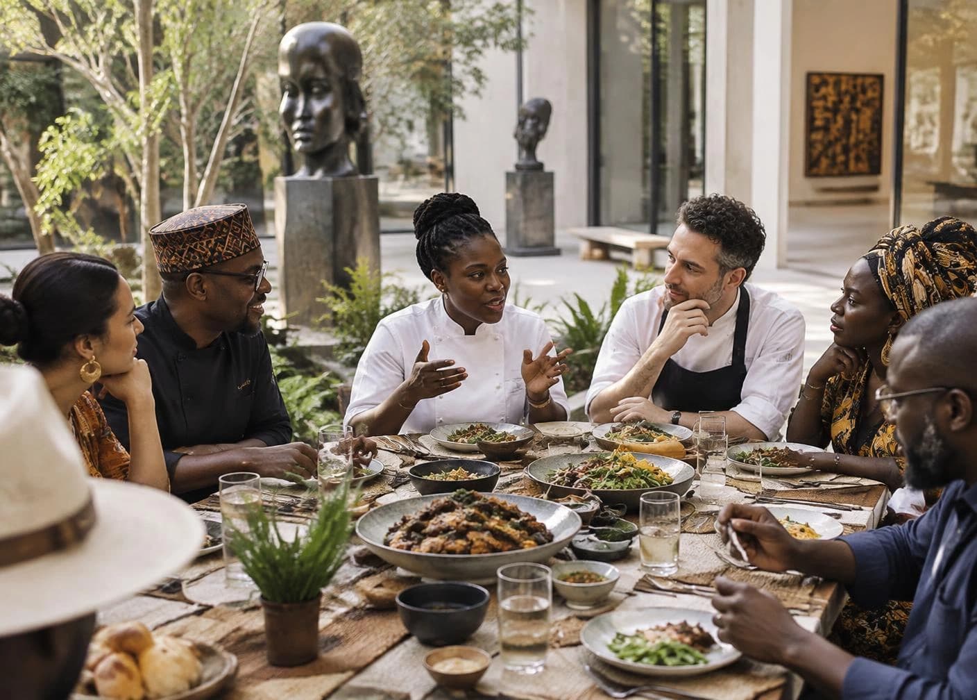 African and international culinary professionals exchanging ideas around a shared table