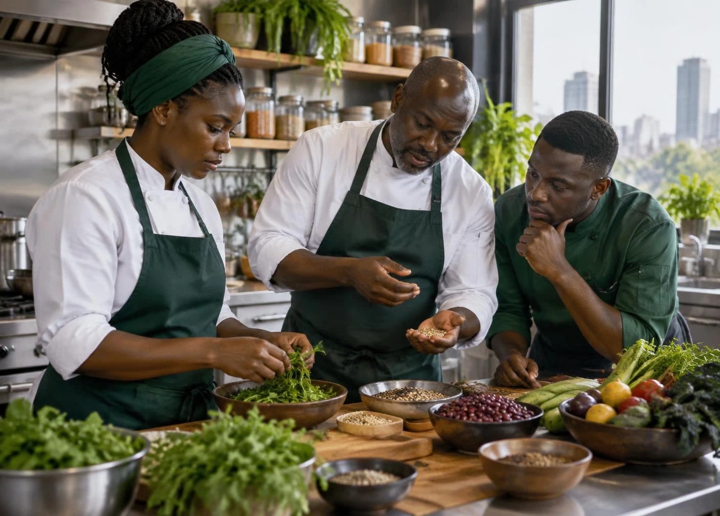 African chefs exchanging knowledge in a professional kitchen