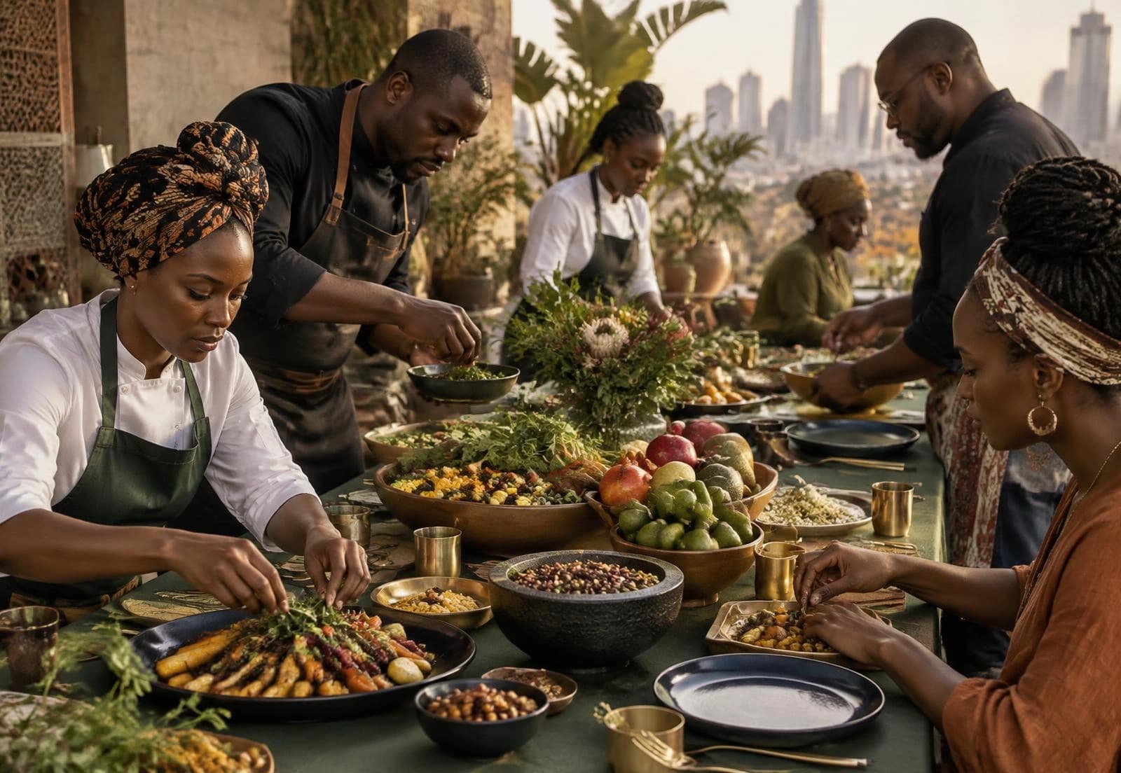 African culinary professionals preparing and sharing food around a long table
