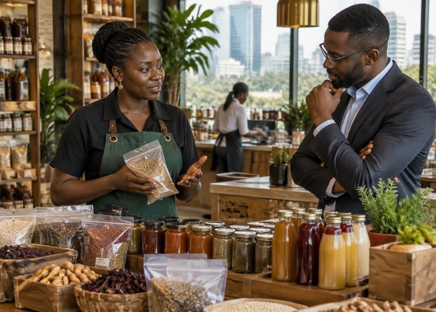 A Kenyan food entrepreneur presenting heritage food products to a buyer